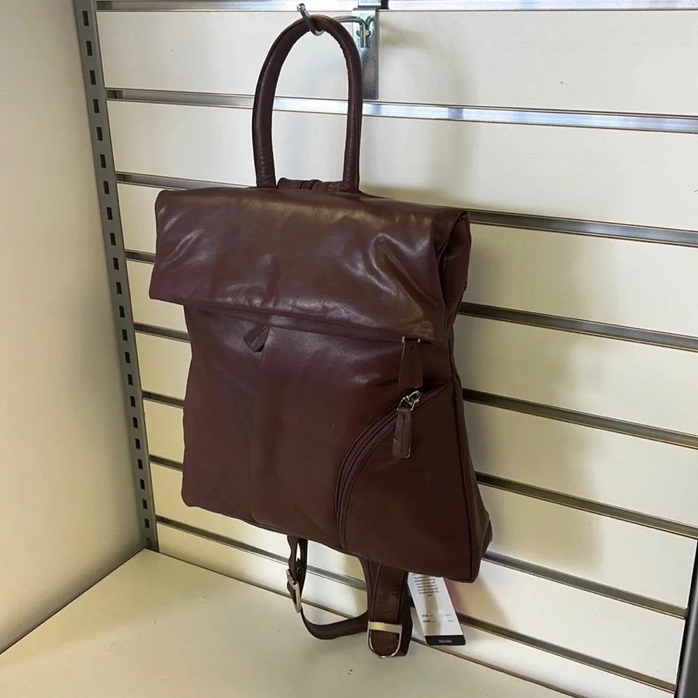Burgundy 100% Leather 5 compartment mini backpack with adjustable straps - Picture 3 of 7